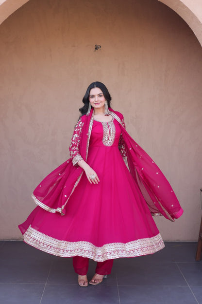 RangBhoomi Premium Readymade Gown Set with Pant & Dupatta - Faux Blooming Embroidered