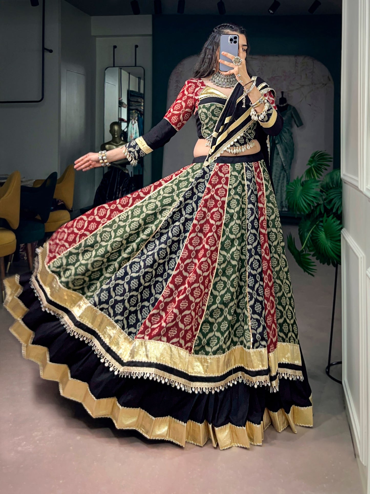 RangBhoomi Navratri Lehenga Set — Pure Rayon Heritage Print with Lace & 7m Flair