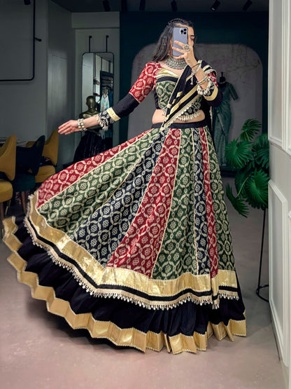 RangBhoomi Navratri Lehenga Set — Pure Rayon Heritage Print with Lace & 7m Flair