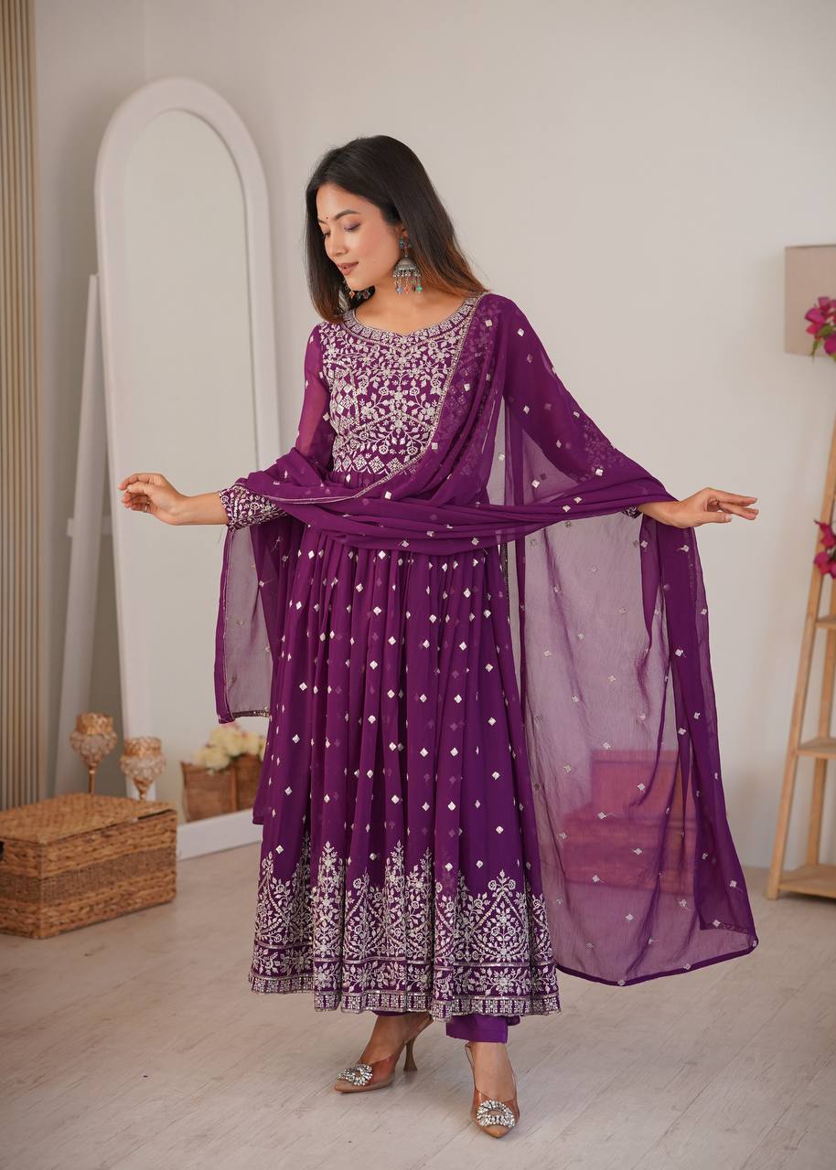 Premium Designer Anarkali Set with Embroidered Dupatta and Micro Cotton Pants – Elegant Festival and Party Wear