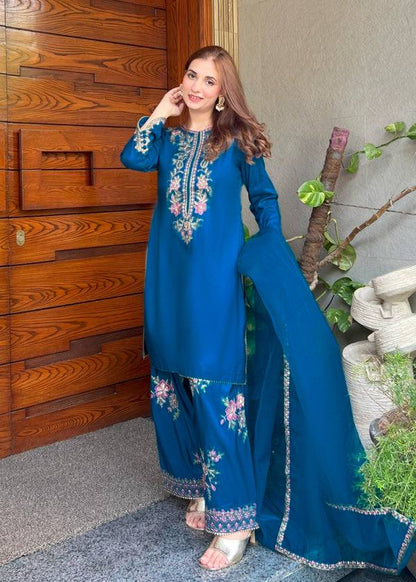 RangBhoomi Women's Premium Ethnic French Crepe Ensemble with Embroidered Thread Work, Full Sleeve Top, Farshi Pant, and GMY Silk Dupatta