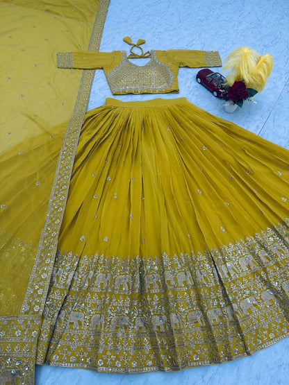 Full view of the embroidered lime green lehenga choli set with dupatta.