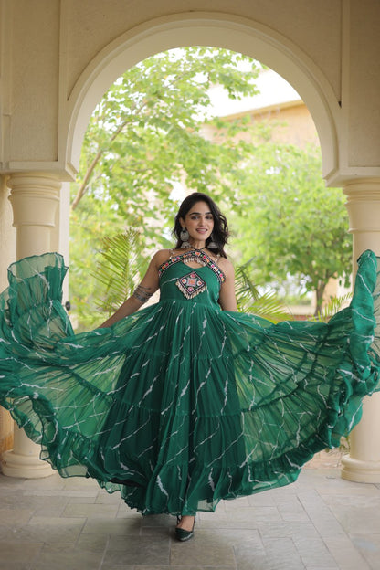 RangBhoomi Navratri Laheriya Patchwork Faux Georgette Gown - Sleeveless 56" Length, L (Adjustable 38-44)