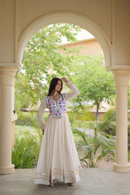 RangBhoomi Navratri Embroidered Kora Cotton Gown — Parrot & Off-White
