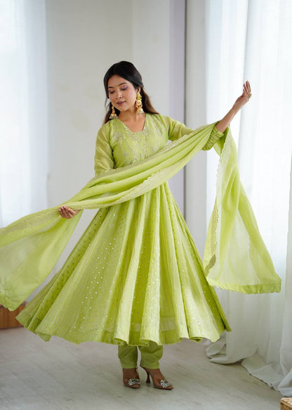 Festive Ready-to-Wear Fully Stitched Anarkali Gown Set with Embroidered Sequins and Lace-Trimmed Dupatta