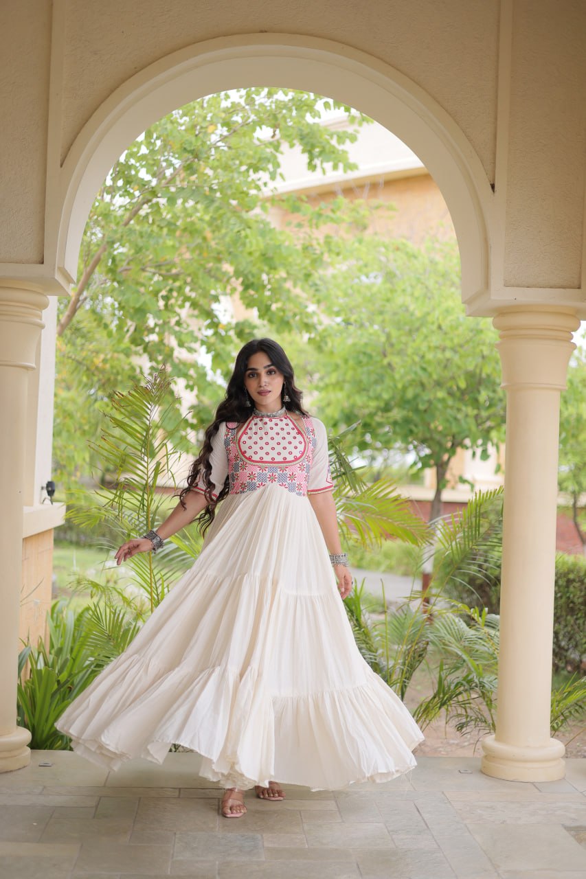 RangBhoomi Navratri Embroidered Kora Cotton Gown — 54" Festive Flair