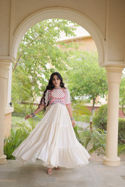 RangBhoomi Navratri Embroidered Kora Cotton Gown — 54" Festive Flair