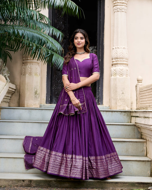 Elegant Pure Chanderi Lehenga Set with Exquisite Zari Work Border and Sequin-Embellished Dupatta