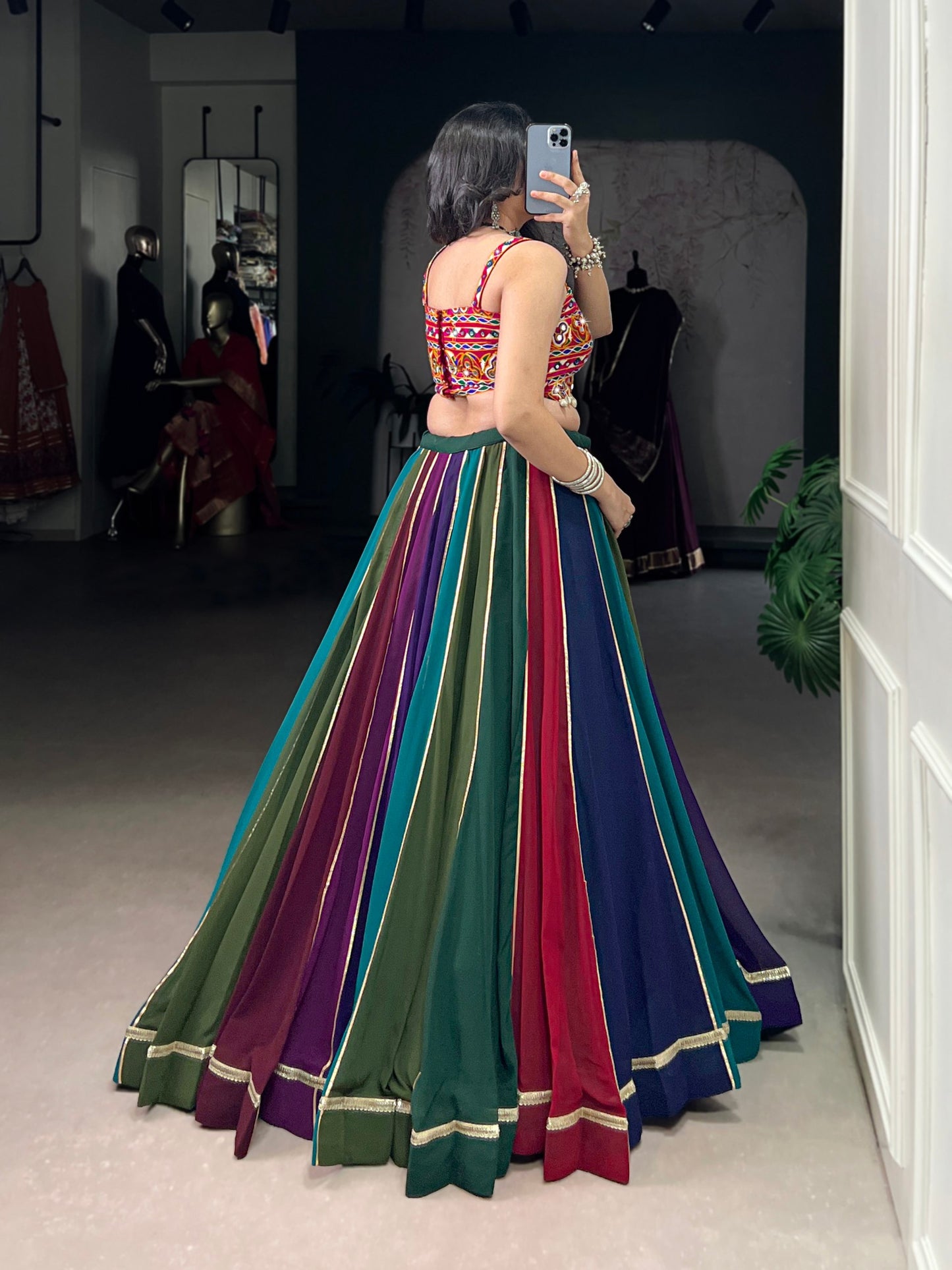RangBhoomi Multicolor Garba Lehenga Set — Mirror-Embellished Blouse & Flared Georgette Skirt