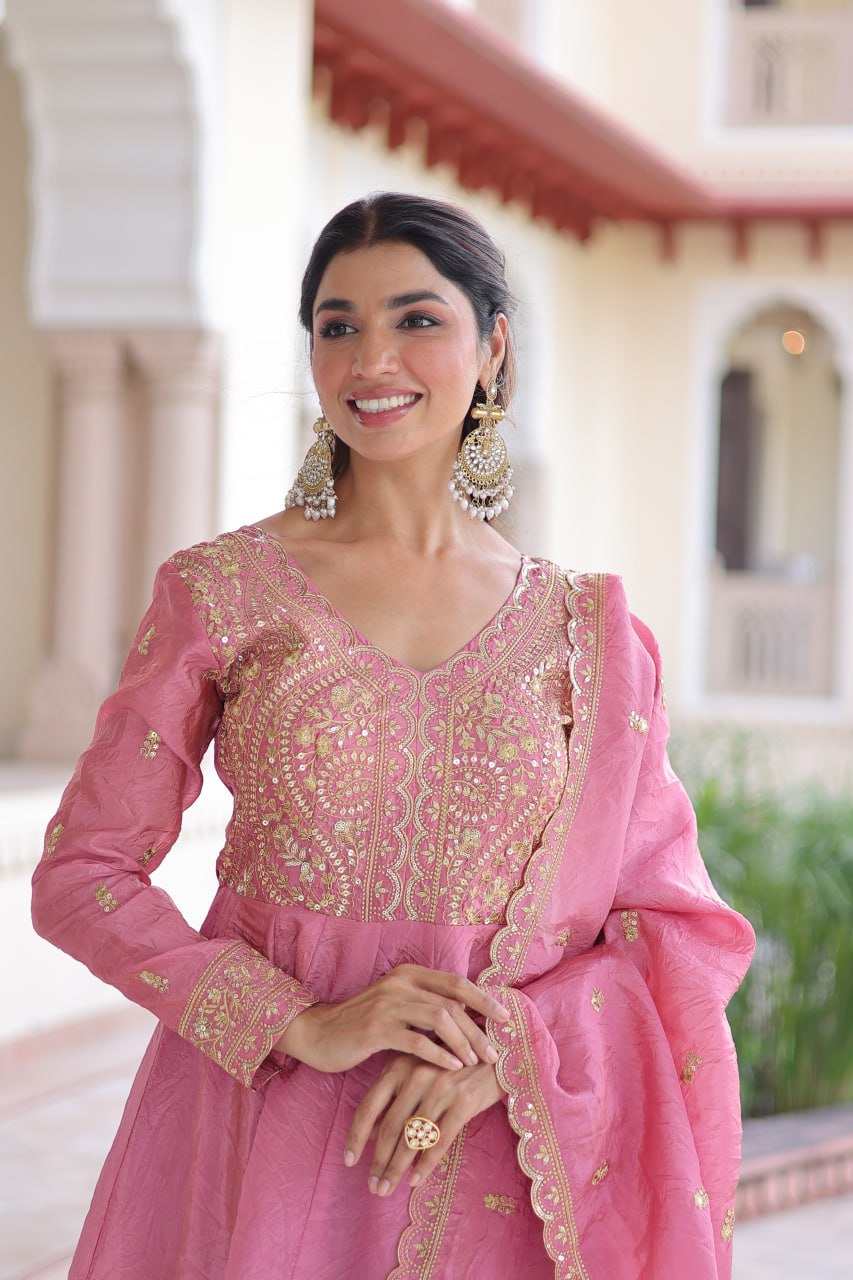 RangBhoomi Premium Ready-Made Gown and Dupatta Set with Elegant Gold Embroidery