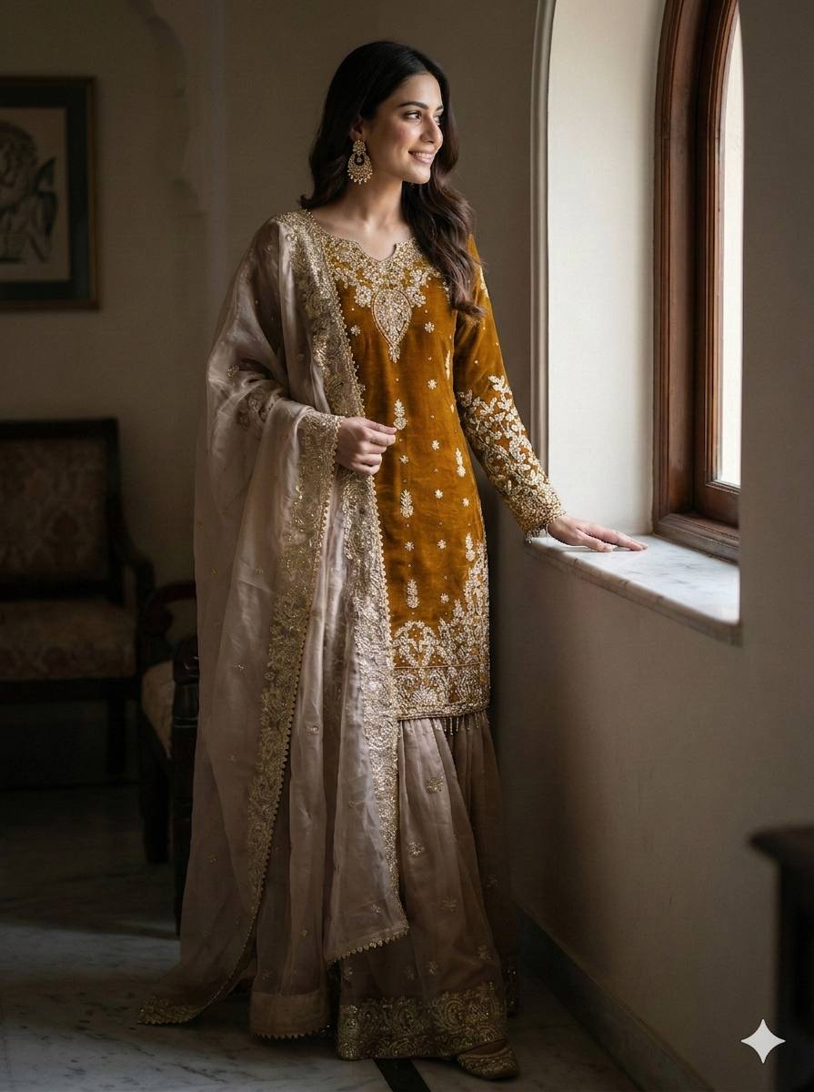RangBhoomi Exclusive Designer Partywear Set – Pure Heavy GMY Silk with Elaborate Embroidery and Sequins