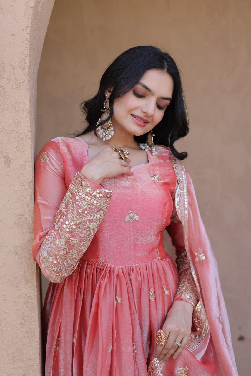 RangBhoomi Fendi Silk Sequined Gown with Dupatta – Elegant Full-Sleeve Designer Set
