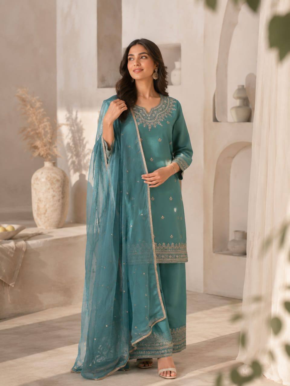 RangBhoomi Designer Festival Special Collection - Elegant Roman Silk Embroidered Ensemble with Palazzo and Decorative Dupatta