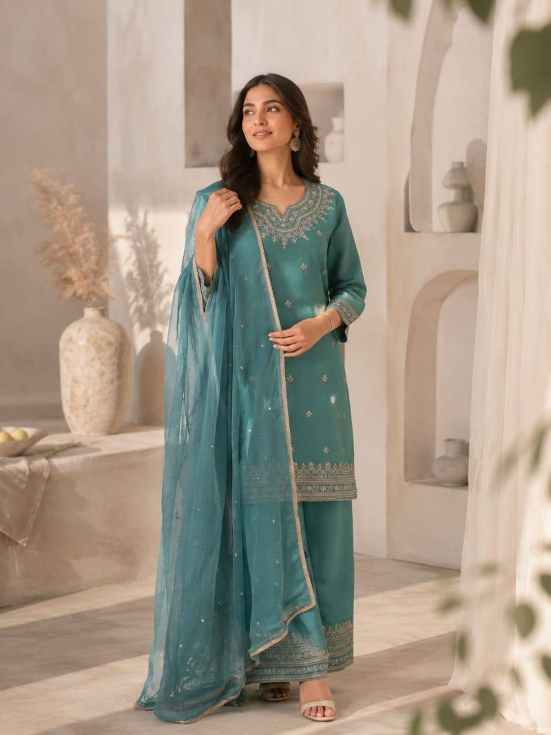 RangBhoomi Designer Festival Special Collection - Elegant Roman Silk Embroidered Ensemble with Palazzo and Decorative Dupatta
