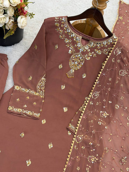 Embroidered Sequined Faux Georgette Top, Bottom, and Dupatta Set – Fully Stitched and Ready to Wear
