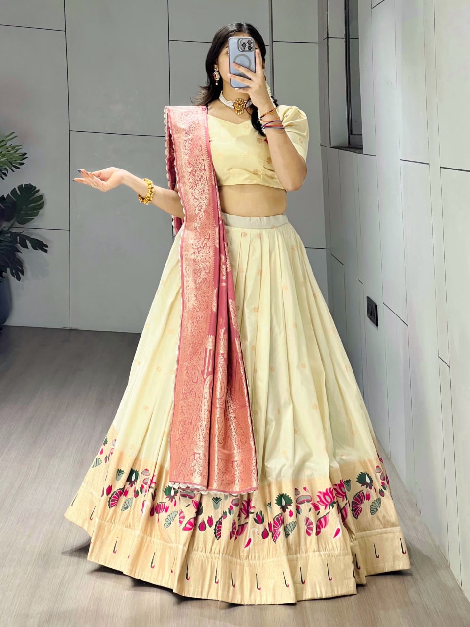 Exquisite Paithani Silk Lehenga with Vibrant Colorful Motifs, Iconic Gold Zari Border, and Signature Satin Silk Dupatta