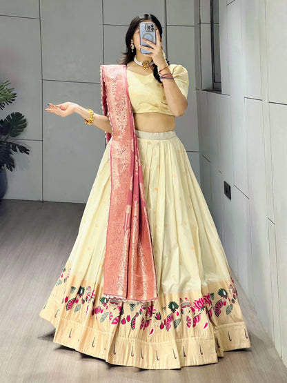 Exquisite Paithani Silk Lehenga with Vibrant Colorful Motifs, Iconic Gold Zari Border, and Signature Satin Silk Dupatta