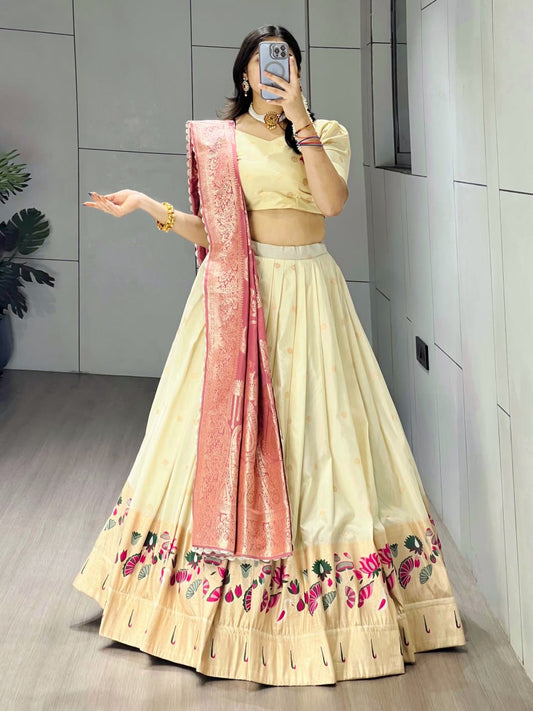Exquisite Paithani Silk Lehenga with Vibrant Colorful Motifs, Iconic Gold Zari Border, and Signature Satin Silk Dupatta