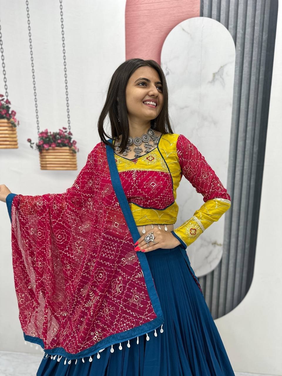 RangBhoomi Navratri Special Pure Cotton Embroidered Lehenga Choli with 6m Flair and Heavy Dupatta
