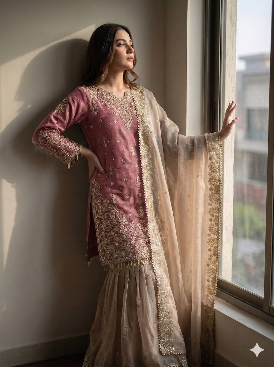 RangBhoomi Exclusive Designer Partywear Set – Pure Heavy GMY Silk with Elaborate Embroidery and Sequins