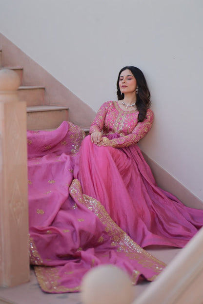 Trending Gold Gown: Crush Fabric, Embroidered Dupatta