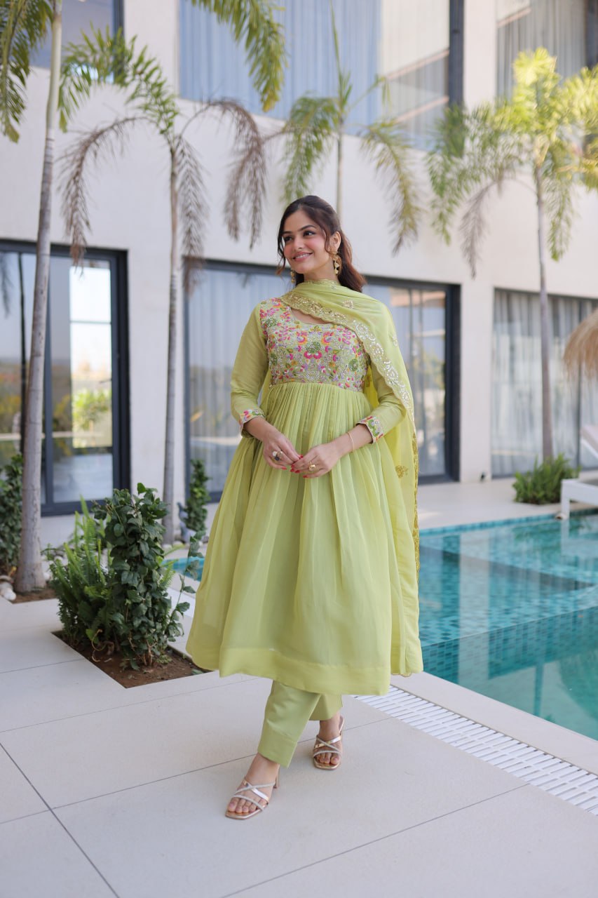 Elegant Premium Ready-to-Wear Gown Set with Pants and Dupatta - Beaded Mal Chanderi Embroidery
