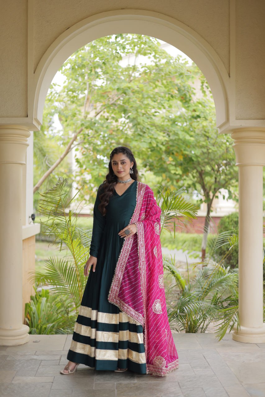 RangBhoomi Navratri Gown & Dupatta Collection 2026 – Full-Sleeve V-Neck Reyon Gown with Georgette Dupatta