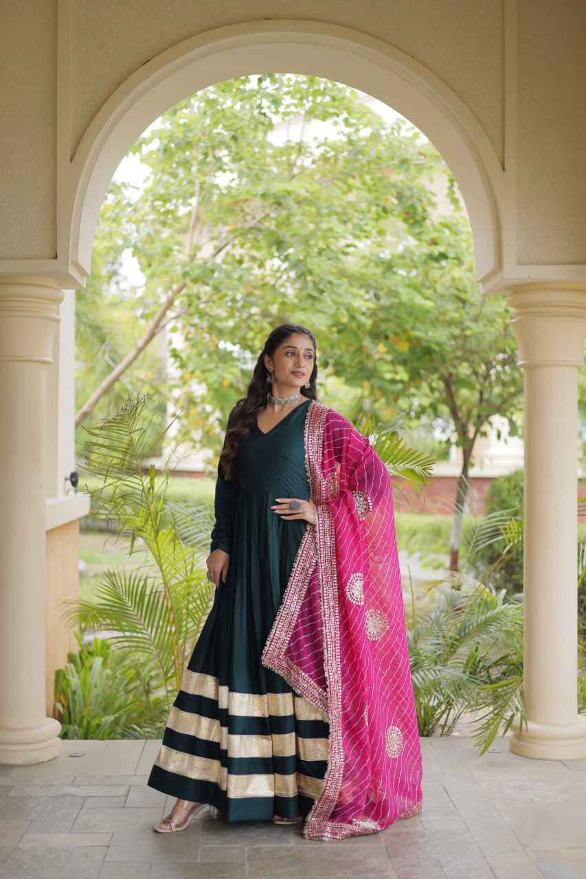 RangBhoomi Navratri Gown & Dupatta Collection 2026 – Full-Sleeve V-Neck Reyon Gown with Georgette Dupatta