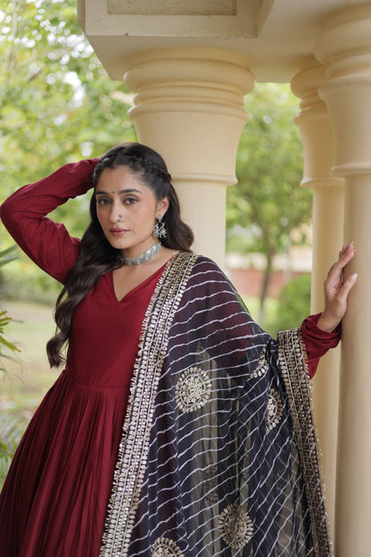 RangBhoomi Navratri Gown & Dupatta Collection 2026 – Full-Sleeve V-Neck Reyon Gown with Georgette Dupatta