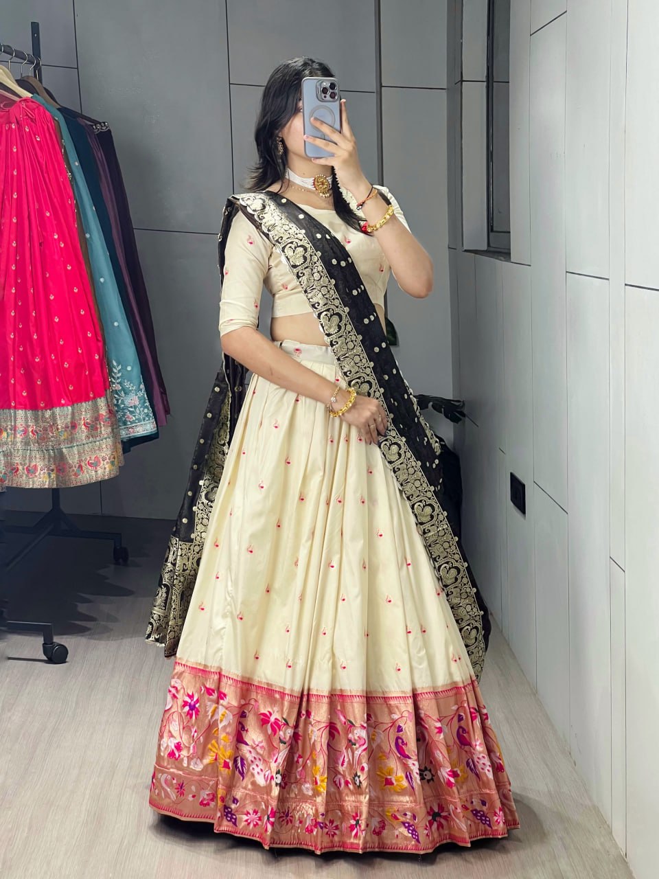 RangBhoomi Paithani Silk Lehenga Choli – Vibrant Traditional Maharashtrian Ethnic Wear with Gold Zari Detailing and Satin Silk Dupatta