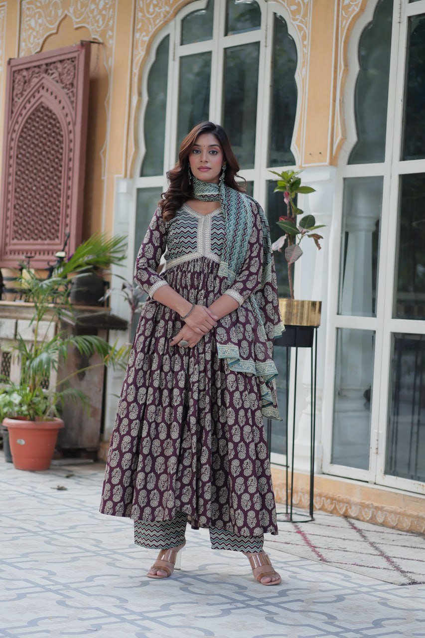 Premium maroon cotton kurti set, teal chevron dupatta and pants, V-neck, lace border, full sleeves, ethnic look.