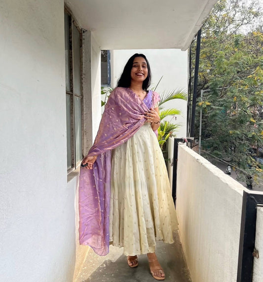 Embroidered Chonon Silk Gown with Sequins and Fendi Silk Dupatta, Fully Stitched, Sizes M to 2XL