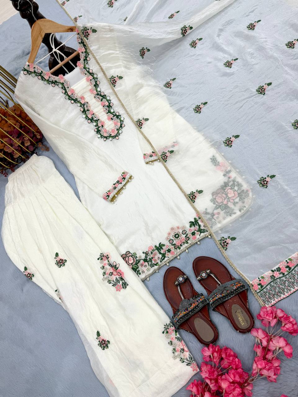 Exclusive Designer Party Wear Pure Fendi Silk Top with Farshi Palazzo and Elegant Dupatta Set