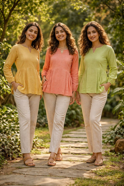 RangBhoomi Elegant Linen Cotton Top and Pant Set – Full-Sleeve Frill Stitch Top with Elastic Waist Pants in Parrot, Peach, and Yellow