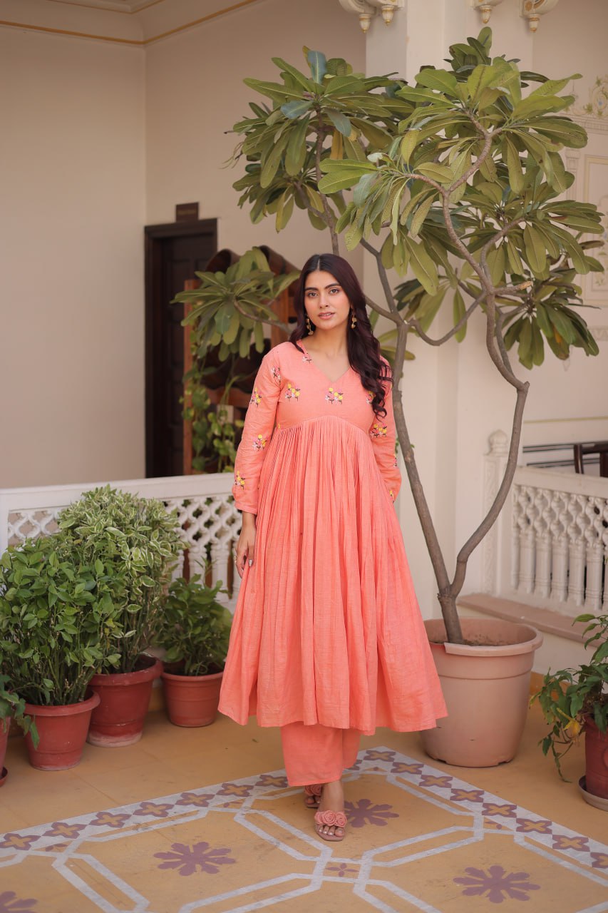 Premium Ready-to-Wear Embroidered Cotton Kurti with Matching Cotton Pants