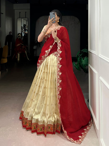 Woven Grace Embroidered Lehenga Set with Royal Paithani Borders and Elegant Pastel Hues