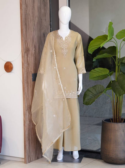 Designer Fusion Style Luxury Edition Women's Ethnic Set with Sequined Cosmos Fabric and Organza Lace Dupatta