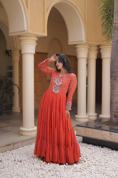 RangBhoomi Navratri Gown 2026 – Laheriya Print with Kutchi Patchwork, Faux Georgette Lined Cotton, Full Sleeve, 56 Inch Length