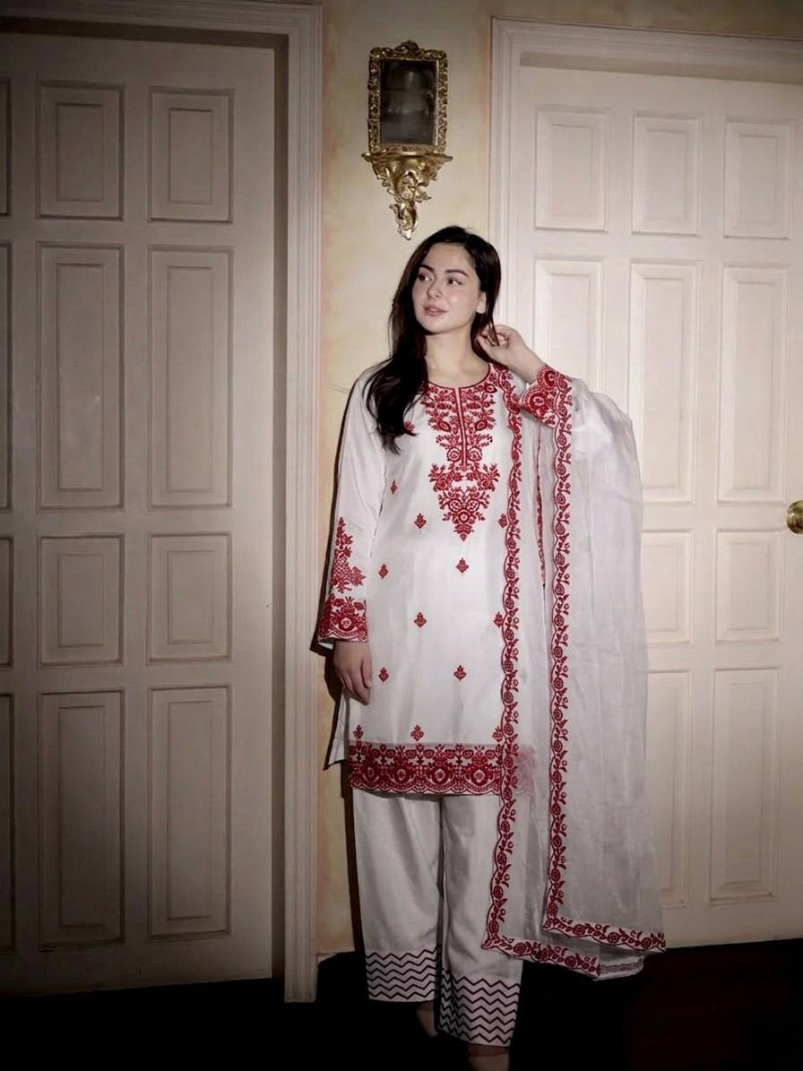 Elegant Women's Ethnic Ensemble with Embroidered Rayon Cotton Top, Farshi Pants, and GMY Silk Dupatta