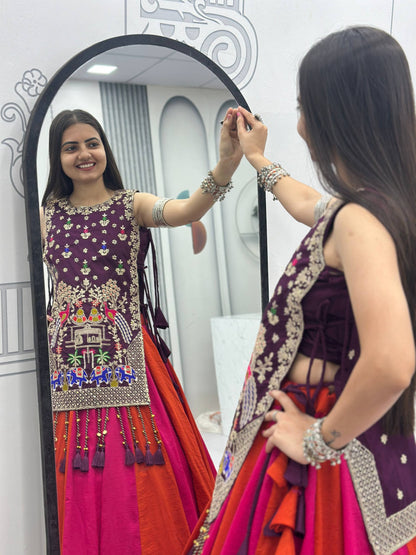 RangBhoomi Elegant Navratri Special Vichitra Silk Lengha Choli with Heavy Thread and Sequence Work Shrug