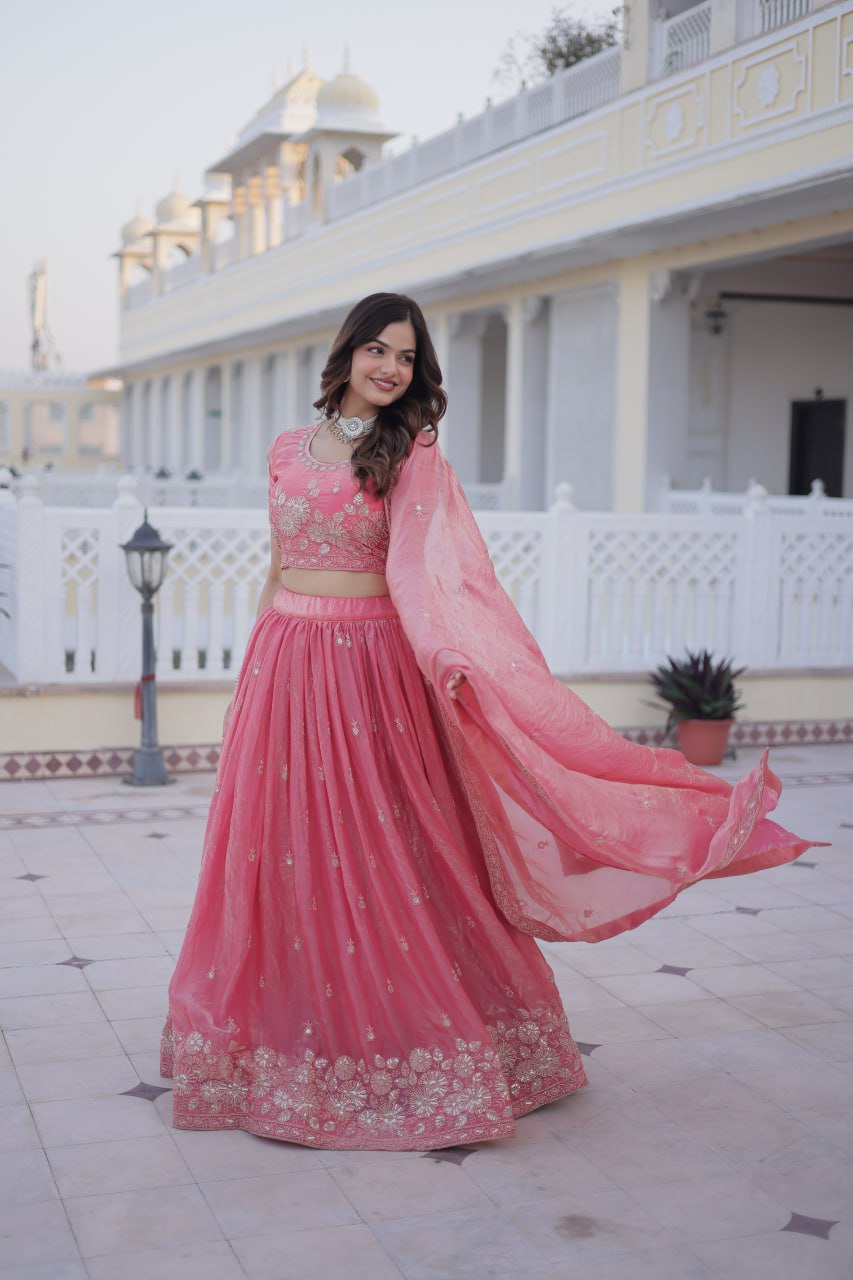 Elegant Lehenga Choli Set with Heavy Sequins and Zari Thread Embroidery in Fendi Silk