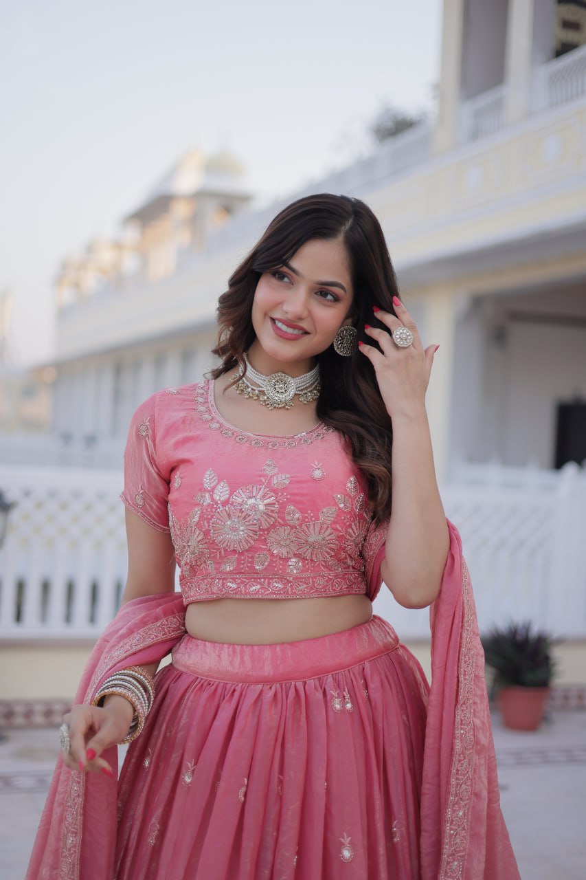 Elegant Lehenga Choli Set with Heavy Sequins and Zari Thread Embroidery in Fendi Silk