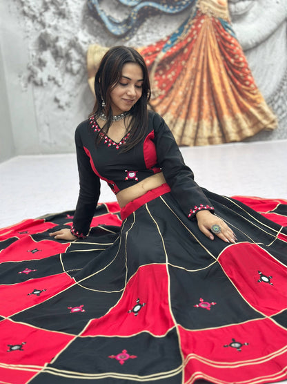 RangBhoomi Navratri Special Pure Cotton Lehenga Choli with Heavy Mirror & Gotapatti Work (Full-Stitched, 6m Flair)