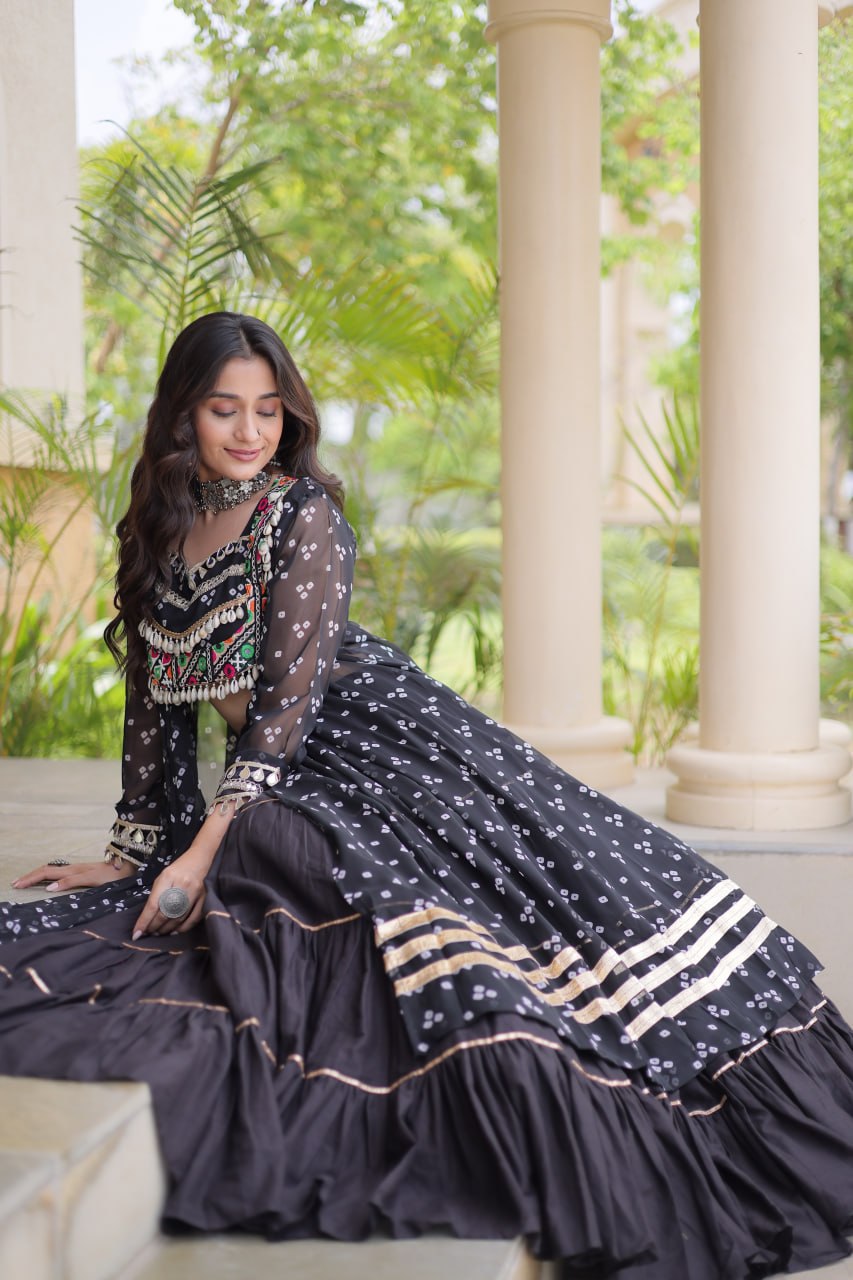 RangBhoomi Navratri 2026 Lehenga & Kurti Set – Kora Cotton Lehenga with Bandhni Faux Georgette Kurti (L, 40" Stitched)