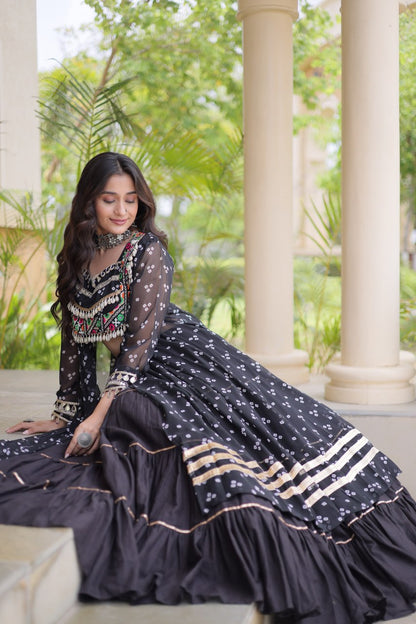 RangBhoomi Navratri 2026 Lehenga & Kurti Set – Kora Cotton Lehenga with Bandhni Faux Georgette Kurti (L, 40" Stitched)