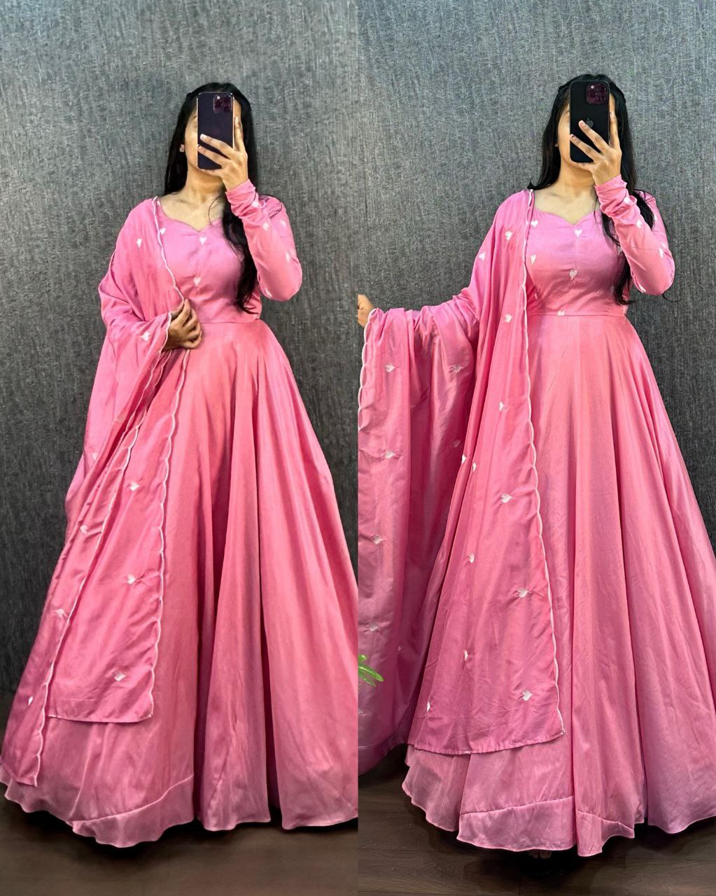 Pink Ajrak Heart Gown with dupatta, multiple views.