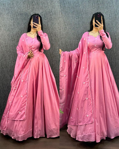 Pink Ajrak Heart Gown with dupatta, multiple views.