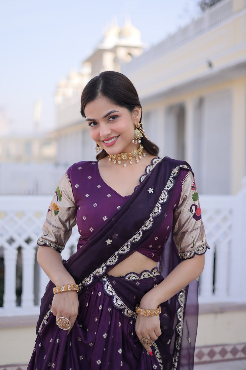 Elegant Three-Piece Traditional Lehenga Choli Set with Dupatta in Pink and Wine