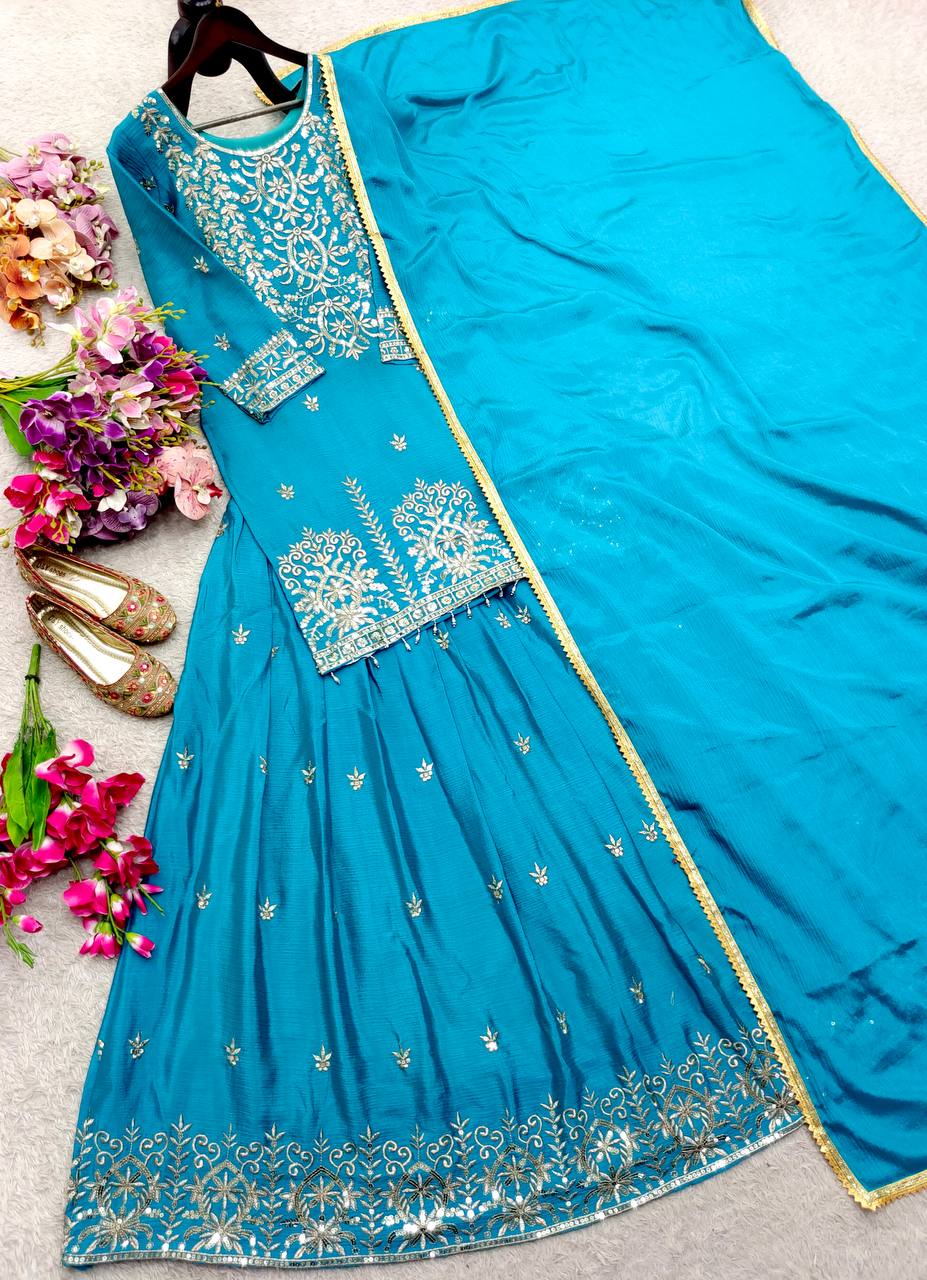 RangBhoomi Cinon Silk Embroidered Top, Lehenga & Dupatta Set - Elegant Festive Ensemble