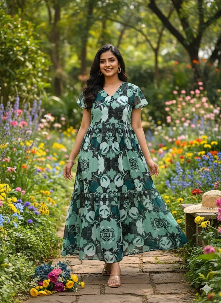 Woman wearing a floral Georgette maxi dress in a garden